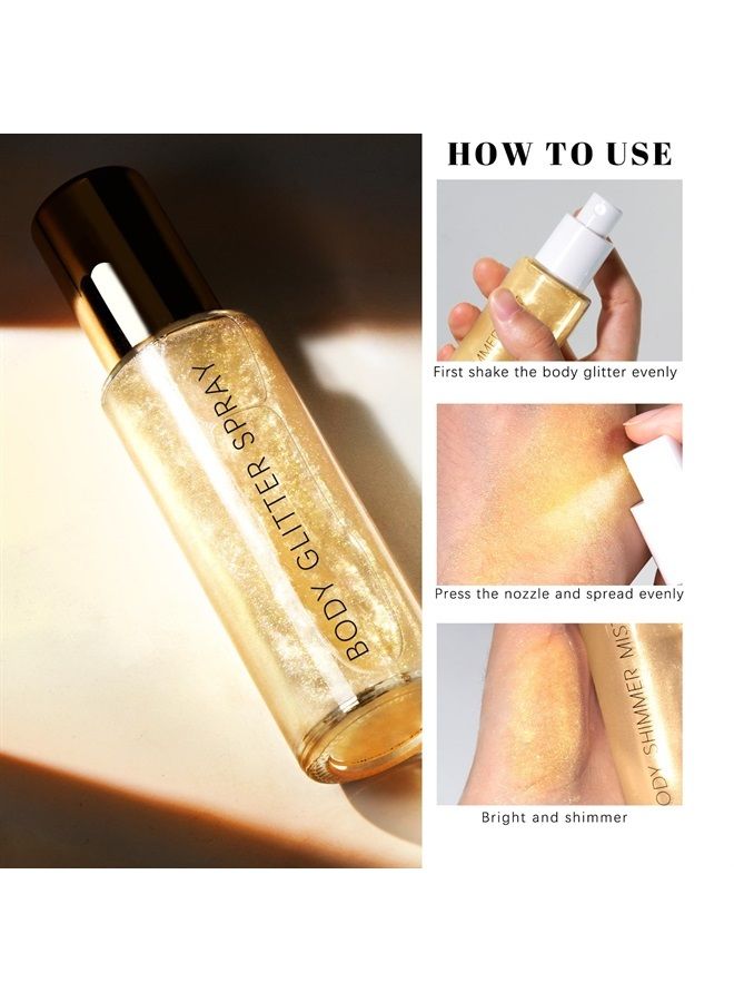 Body Glitter Spray, Moisturizing Bronze Body Shimmer Luminizer Glow Illuminator Quick-Drying and Non-Sticky Glitter Spray Liquid Highlighter Spray for Face Hair Body Glitter, 60ML -Gold