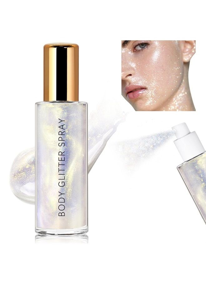 Body Glitter Spray, Moisturizing Bronze Body Shimmer Luminizer Glow Illuminator Quick-Drying and Non-Sticky Glitter Spray Liquid Highlighter Spray for Face Hair Body Glitter, 60ML -Silver