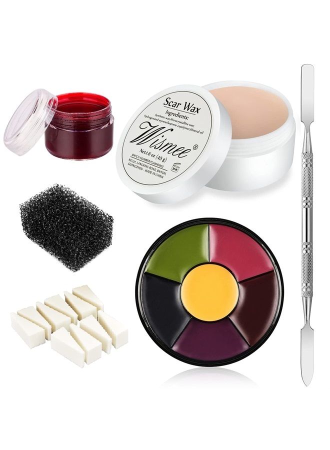 Special Effects Sfx Makeup Kit Professional Scar Wax Set 6 Color Bruise Wheel Makeup Kit Face Body Paint Oil with Sponges, Fake Scab Blood, Spatula Tool