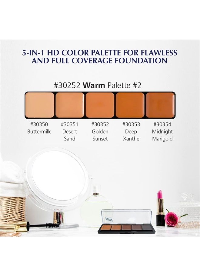 HD Glamour Crème Foundation Palette (Warm #2) - High Definition 5 Color Makeup Palette, Cream Based Foundation Concealer and Contour Palette, Full Coverage - Medium Warm Skin Shades