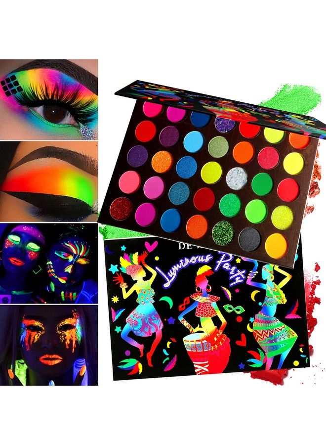 Neon Eyeshadow Palette Colorful High Pigmented 35 ColorBlendable Bright Rainbow Eyeshadow Matte Shimmer GlitterAurora Glow in Dark UV Blacklight Makeup Eye Shadow Pallet for Luminous Party