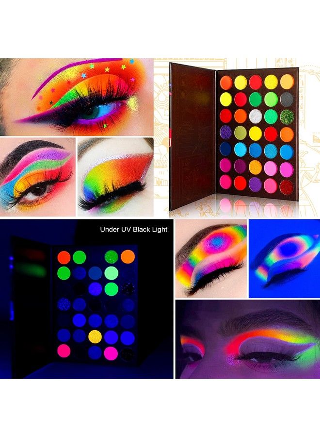 Neon Eyeshadow Palette Colorful High Pigmented 35 ColorBlendable Bright Rainbow Eyeshadow Matte Shimmer GlitterAurora Glow in Dark UV Blacklight Makeup Eye Shadow Pallet for Luminous Party