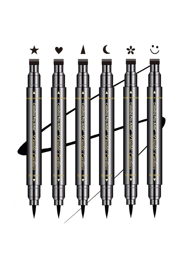 6 Pcs Double-headed Eyeliner Stamps Set Black Liquid Eye Liner Pen With Star,Moon,Heart,Flower,Smiley,Triangle Stamp Stencils Shapes for Women Makeup Kit Long-Lasting Waterproof Smudgeproof