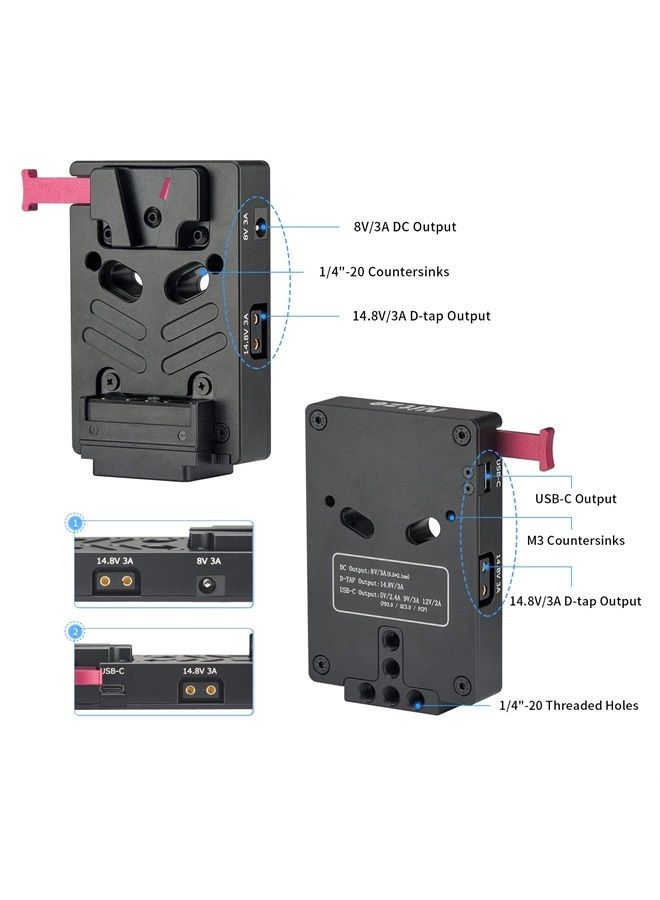 V Mount Battery Plate with 8V/3A DC, 14.8V/3A D-tap and PD 3.0 USB-C Output Ports Mini V Mount Plate - N21-D6