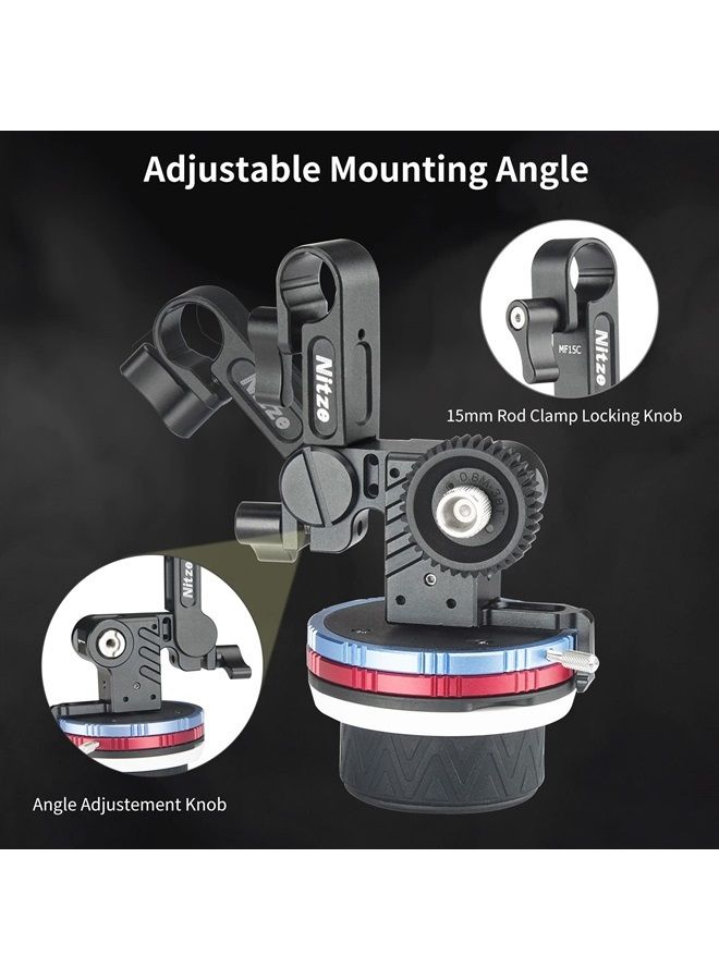 Mini Follow Focus Kit with 3 Reversible Drive Gears, 2 Marking Disks, Gear Ring Belt, 15mm Rod and 15mm Rod Clamp with NATO Rail, Support A/B Hard Stops and 360° Infinity Zoom - MF15C