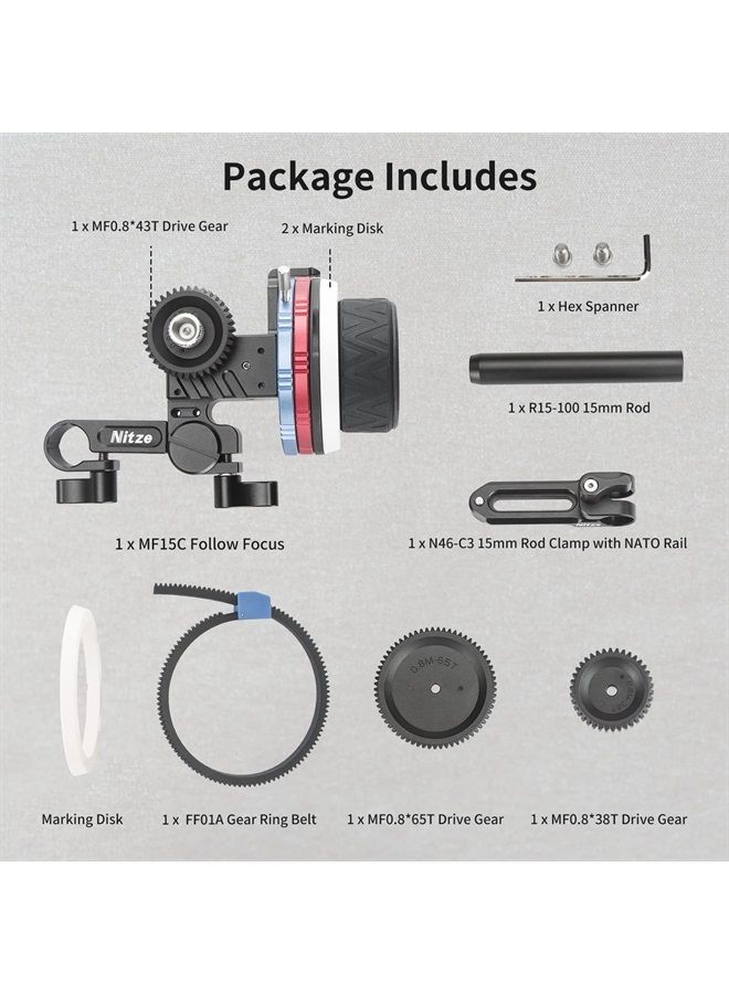 Mini Follow Focus Kit with 3 Reversible Drive Gears, 2 Marking Disks, Gear Ring Belt, 15mm Rod and 15mm Rod Clamp with NATO Rail, Support A/B Hard Stops and 360° Infinity Zoom - MF15C