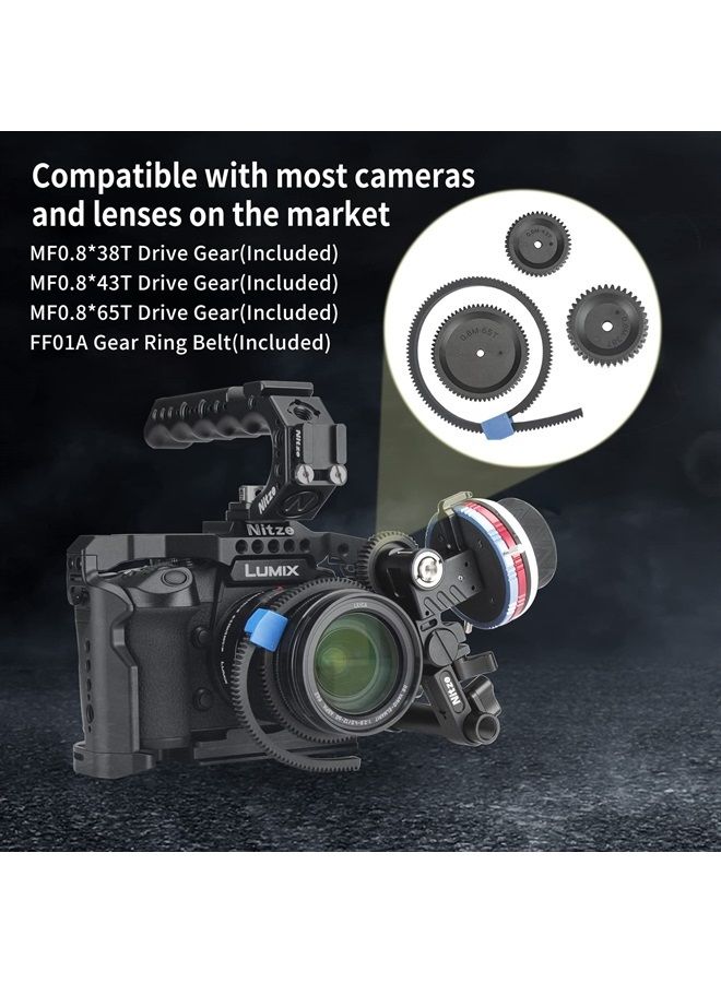 Mini Follow Focus Kit with 3 Reversible Drive Gears, 2 Marking Disks, Gear Ring Belt, 15mm Rod and 15mm Rod Clamp with NATO Rail, Support A/B Hard Stops and 360° Infinity Zoom - MF15C