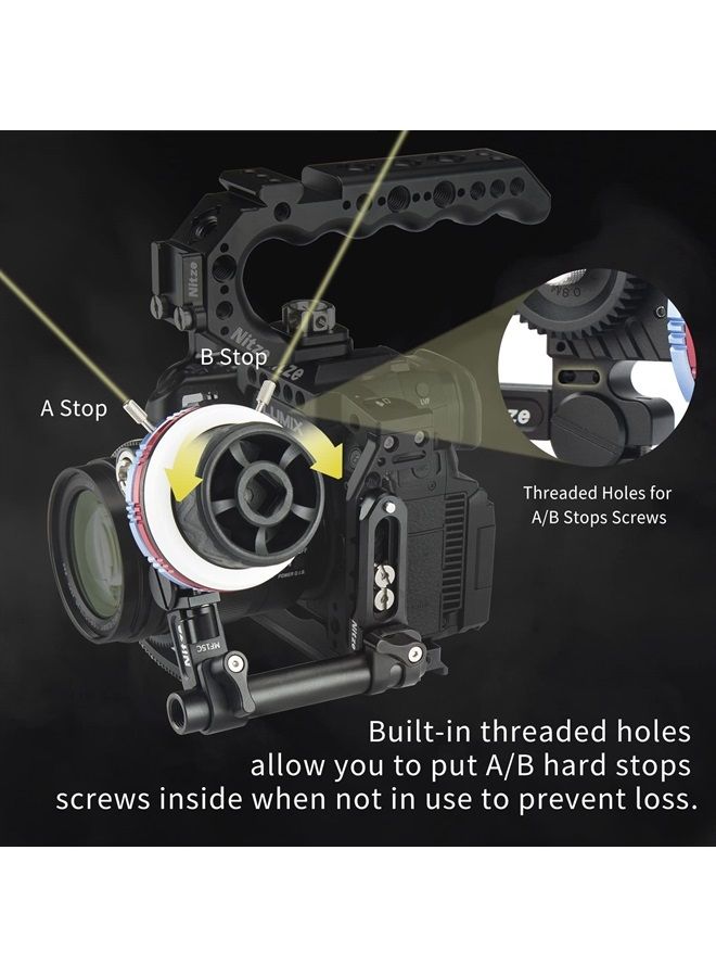 Mini Follow Focus Kit with 3 Reversible Drive Gears, 2 Marking Disks, Gear Ring Belt, 15mm Rod and 15mm Rod Clamp with NATO Rail, Support A/B Hard Stops and 360° Infinity Zoom - MF15C