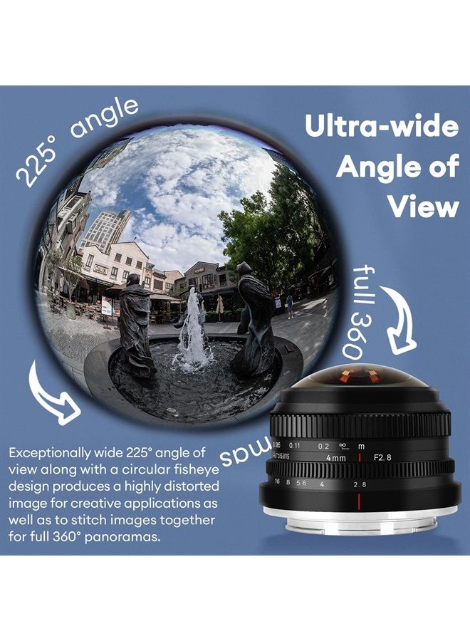 4mm F2.8 Circular Fisheye Lens, 225° Ultra-Wide Angle of View, Compatible with APS-C Sony E-Mount Cameras a6400 a6300 a6100 a6000 a5100 a5000 a6500 a6600 Nex-3 Nex-3N Nex-3R Nex-5 Nex-7