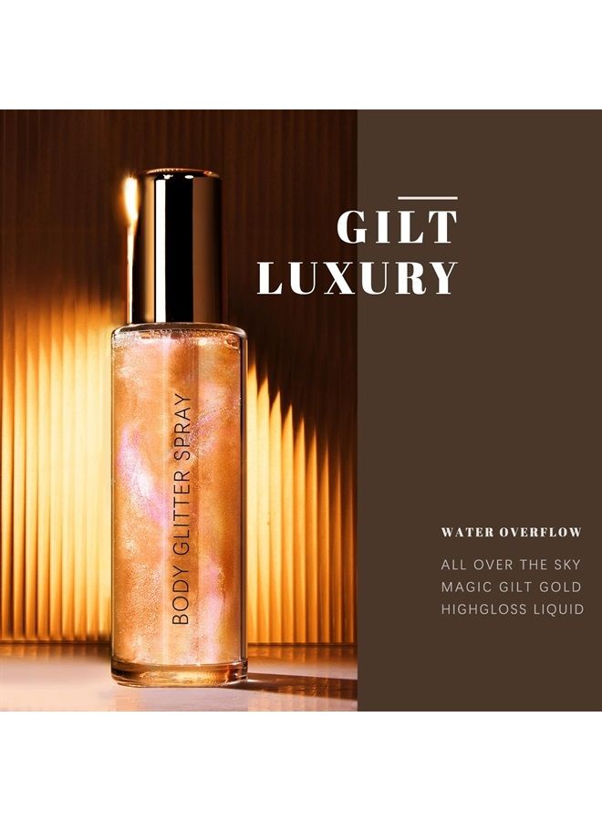 Body Glitter Spray, Moisturizing Bronze Body Shimmer Luminizer Glow Illuminator Quick-Drying and Non-Sticky Glitter Spray Liquid Highlighter Spray for Face Hair Body Glitter, 60ML -Rose Gold