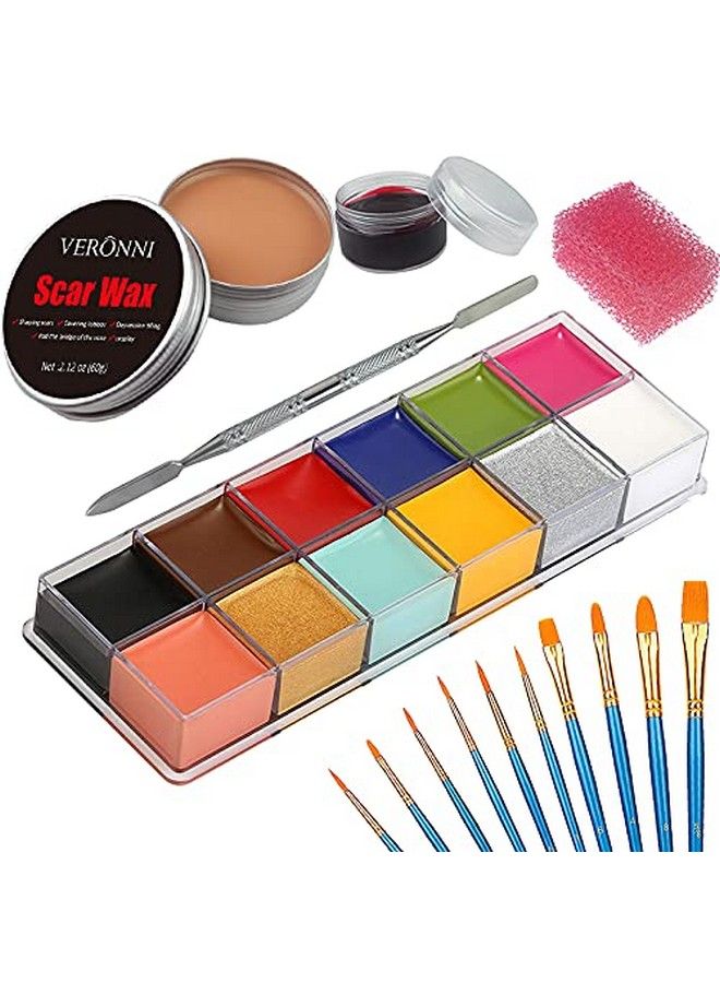 SFX Makeup kit 12 Colors Face Body Paint Oil（96g）Halloween Makeup with Special Effects Wound Scar Wax Fake Scab Blood Spatula 10 Brushes1 Stipple Sponge (02)