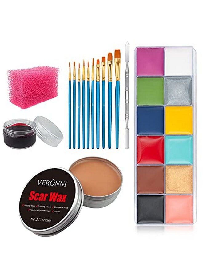 SFX Makeup kit 12 Colors Face Body Paint Oil（96g）Halloween Makeup with Special Effects Wound Scar Wax Fake Scab Blood Spatula 10 Brushes1 Stipple Sponge (02)