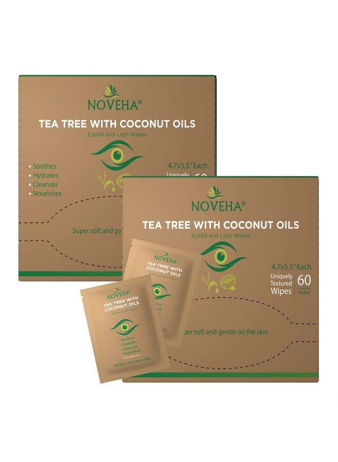 Tea Tree & Coconut Oil Eyelid & Lash Wipes | For Demodex, Blepharitis & Itchy Eyes, Box Of 60 Individually Wrapped Eyelash Wipes With Aloe Vera, Natural Makeup Remover & Daily Eye Cleanser