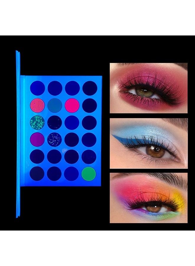 Glow In The Dark Glitter Eyeshadow Palette, Neon Eye Shadow Luminous Eye Shadow Palette Matte Makeup Pallet Shimmer Fluorescent Eye Makeup Waterproof and Sweat Resistant 24 Colors Eye Shadow (