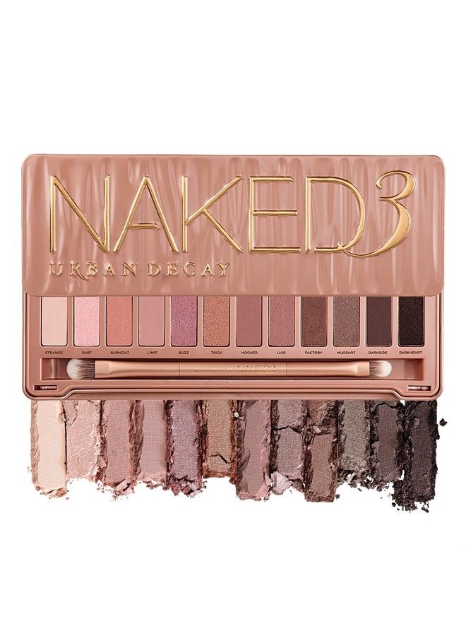 Naked3 Eyeshadow Palette, 12 Versatile Rosy Neutral Shades for Every Day - Ultra-Blendable, Rich Colors with Velvety Texture - Set Includes Mirror & Double-Ended Makeup Brush