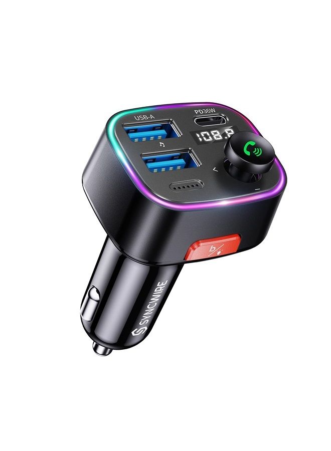 Syncwire Bluetooth 5.3 FM Transmitter Car Adapter 48W (PD 36W & 12W) [Light Switch] [HiFi Bass Sound] [Fast Charging] Wireless Radio Music Adapter LED Display Hands-Free Calling Support USB Drive