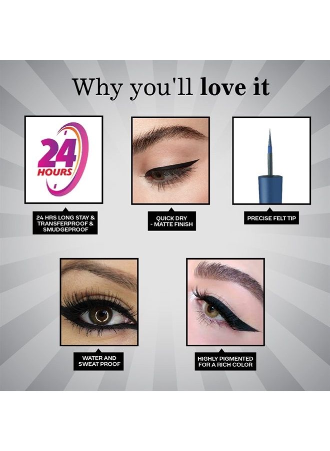 Faces Canada Matte Play Liquid Eyeliner, Black, Blue, Smooth Matte Finish, 24 Hrs Long Stay, Waterproof, Smudgeproof, Fine Tip Precise Application, Dermatologically Tested, Sapphire (Blue), 0.08 Oz