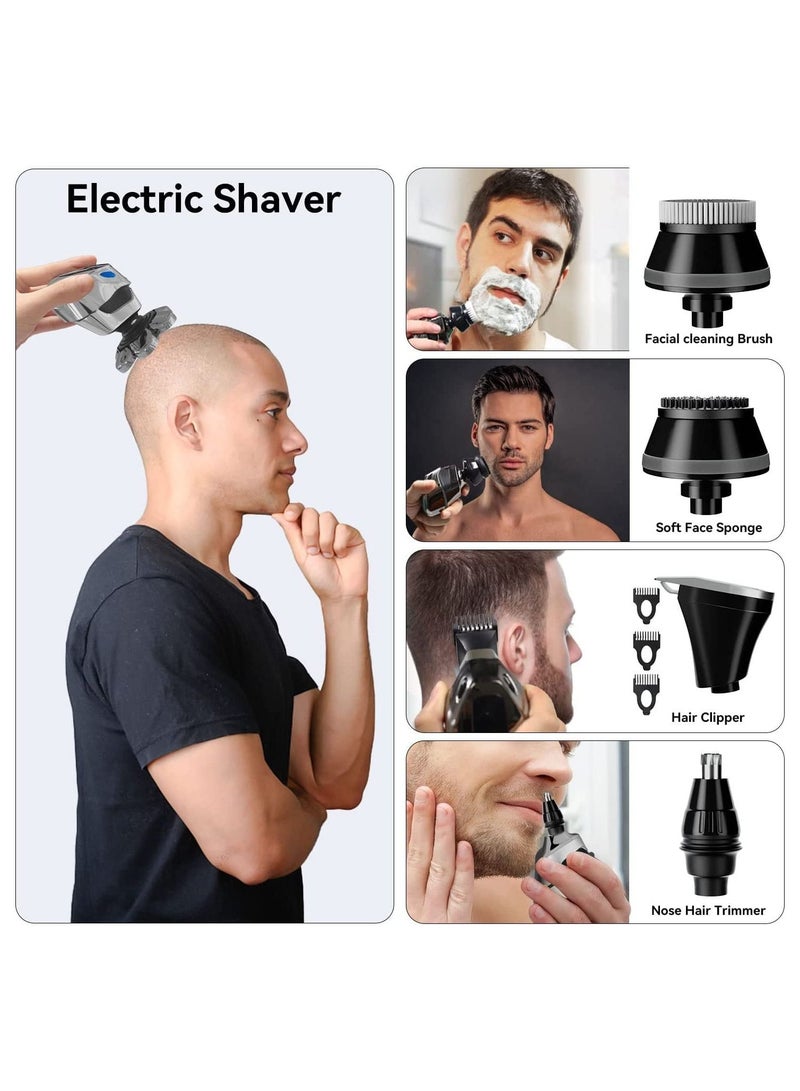 7D Electric Head Shave for Men 5-in-1 Electric Razor for Bald Men Cordless Rechargeable USB Waterproof Wet/Dry Rotary Shaver Grooming Kit with LED Display Screen