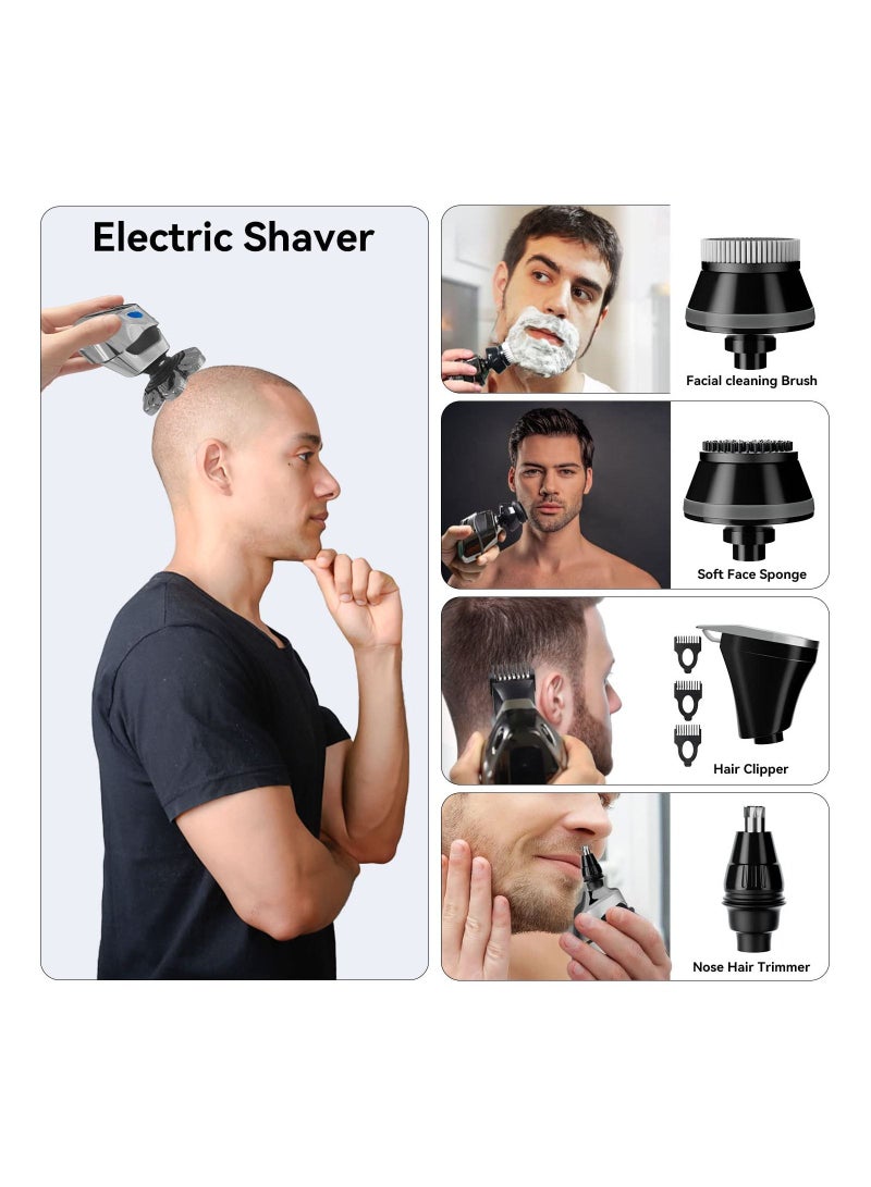 7D Electric Head Shave for Men 5-in-1 Electric Razor for Bald Men Cordless Rechargeable USB Waterproof Wet/Dry Rotary Shaver Grooming Kit with LED Display Screen