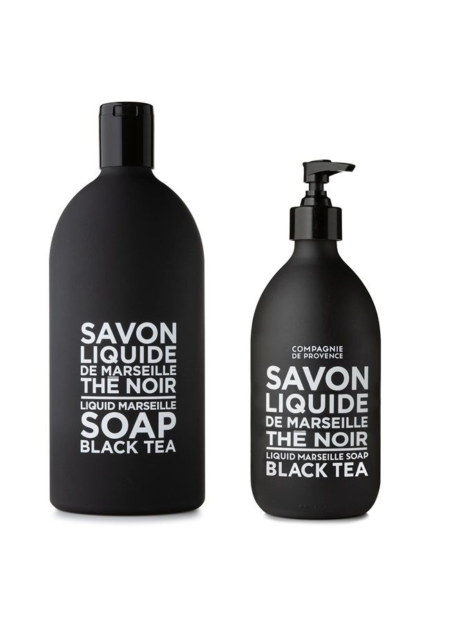 Compagnie de Provence Savon de Marseille Extra Pure Liquid Soap - Black Tea - 16.9 Fl Oz Glass Pump Bottle and 33.8 fl oz Plastic Bottle Refill