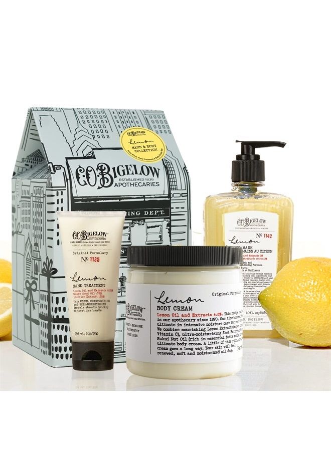 C.O. Bigelow Apothecary Trio, Lemon Hand and Body Care Gift Set of Three (3), Lemon Hand Wash 10fl oz., Body Cream 8 oz., and Hand Treatment, 3oz., Gift Box of Moisturizing Hand and Skin Care