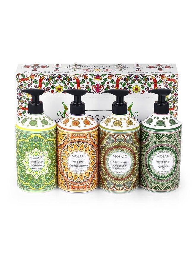 Mosaic Liquid Hand Soap / Hand Wash Gift Set, Ideal Bathroom Hand Soap and Kitchen Hand Soap Set , Olive Oil + Coconut & Hibiscus + Gardenia + Orange Blossom, 4 x 24.6 fl oz Each Liquid Soap Bottle