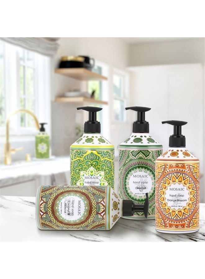 Mosaic Liquid Hand Soap / Hand Wash Gift Set, Ideal Bathroom Hand Soap and Kitchen Hand Soap Set , Olive Oil + Coconut & Hibiscus + Gardenia + Orange Blossom, 4 x 24.6 fl oz Each Liquid Soap Bottle