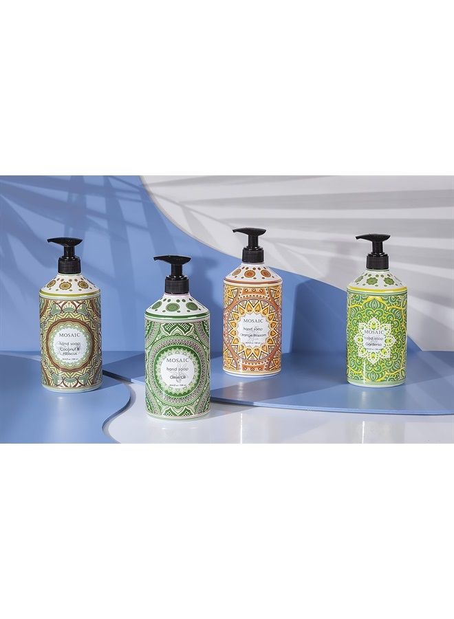 Mosaic Liquid Hand Soap / Hand Wash Gift Set, Ideal Bathroom Hand Soap and Kitchen Hand Soap Set , Olive Oil + Coconut & Hibiscus + Gardenia + Orange Blossom, 4 x 24.6 fl oz Each Liquid Soap Bottle
