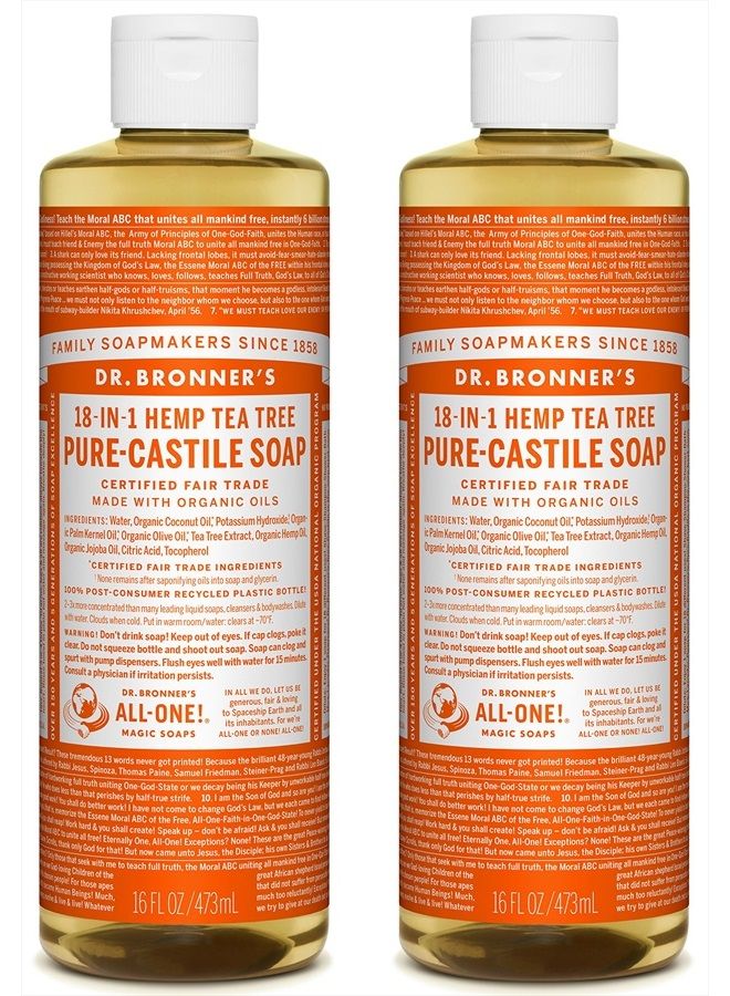 Pure-Castile Liquid Soap (Tea Tree, 16 ounce, 2-Pack) - Made with Organic Oils, 18-in-1 Uses: Acne-Prone Skin, Dandruff, Laundry, Pets and Dishes, Concentrated, Vegan
