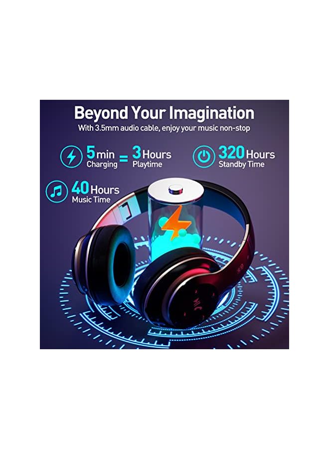Headphones Over Ear, 40 Hours Playtime Foldable Wireless Headphones with 6EQ Modes, Headphones with Built-in Mic, Headset Wireless and Wired Hi-Fi Stereo, FM/TF for Mobile/PC/TV (Black)