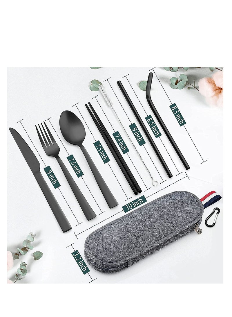 Matte Black Travel Equipment With Box Portable Stainless Steel Cutlery Reusable Camping Set Including Knife Fork Spoon Chopsticks Straw Cleaning Brush (8-Piece Set)