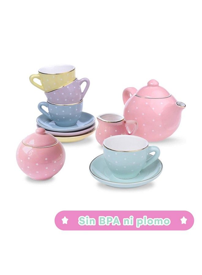 Porcelain Tea Set For Girls Ceramic Tea Cups With Pink Carrying Case Cute Tea Pot And Cups Set For Girls Tea Party Ideal Gift For Kids Ages 3 Years Old Polka Dot Design 13 Pieces