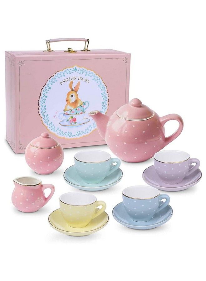 Porcelain Tea Set For Girls Ceramic Tea Cups With Pink Carrying Case Cute Tea Pot And Cups Set For Girls Tea Party Ideal Gift For Kids Ages 3 Years Old Polka Dot Design 13 Pieces