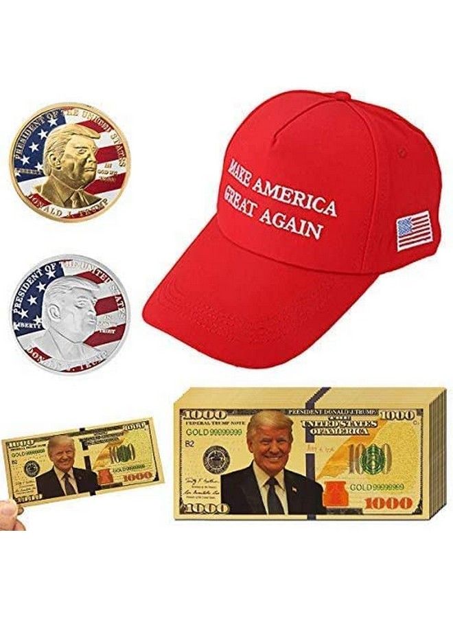 13Pack 2018 Usa President Donald Trump Pack 10Pcs Gold Foil 1000 Dollar Bill Banknote + 1Pc Trump Sport Hat + 2Pcs Official Authentic 24K Gold Plated Donald Trump Commemorative Coins In Gol