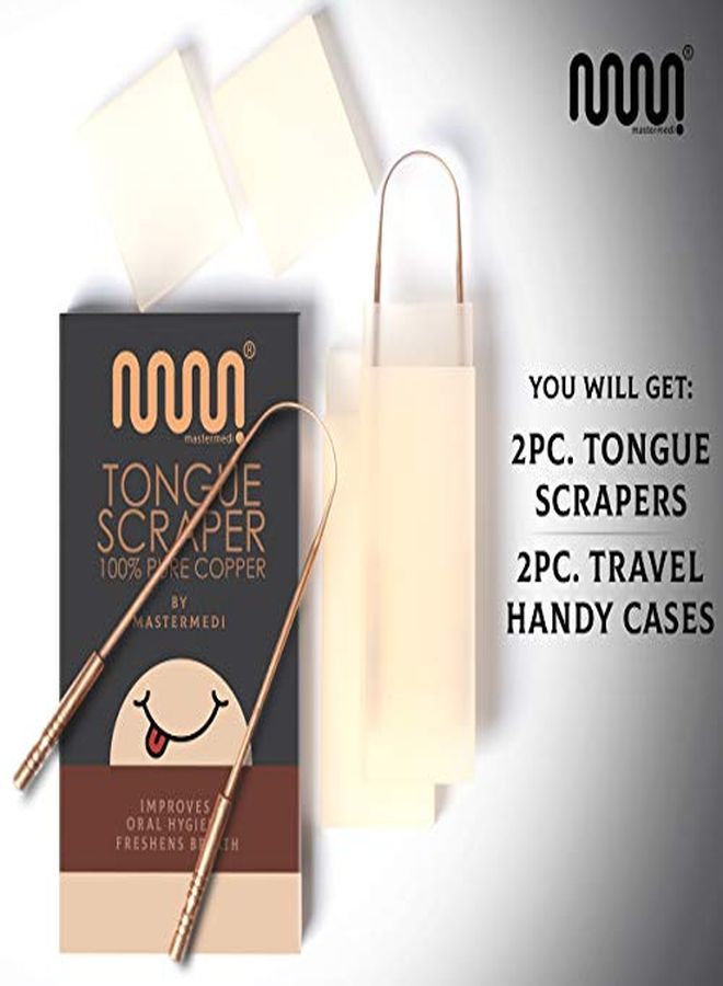 Copper Tongue Scraper With Travel Case - 2 Pack, All Natural Ayurvedic Tongue Cleaner, Banishes Bad Breath And Maintains Oral Hygiene, Great Grip With Non-Synthetic Handle