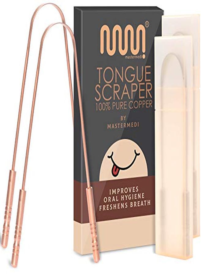 Copper Tongue Scraper With Travel Case - 2 Pack, All Natural Ayurvedic Tongue Cleaner, Banishes Bad Breath And Maintains Oral Hygiene, Great Grip With Non-Synthetic Handle