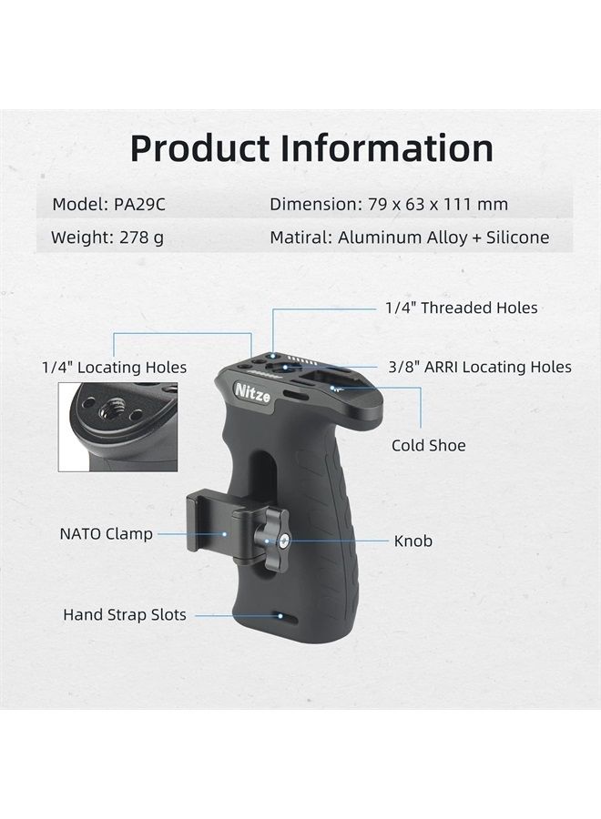 Ergonomic Side Handle with NATO Calmp, Rubberized Aluminum Left/Right Side Handle, Up and Down Adjustable NATO Side Handle for Camera and Monitor Rigs - PA29C