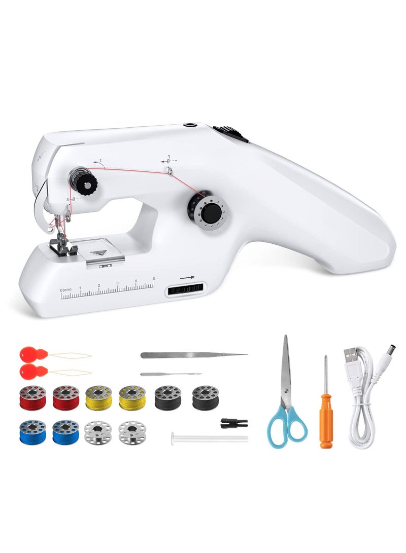 Handheld Sewing Machine, Portable Mini Sewing Machine, Machine Electric Stitch Tool, Electric Sewing Machine with Sewing Accessories, Suitable for Clothing, Curtains, Denim, Leather(White)