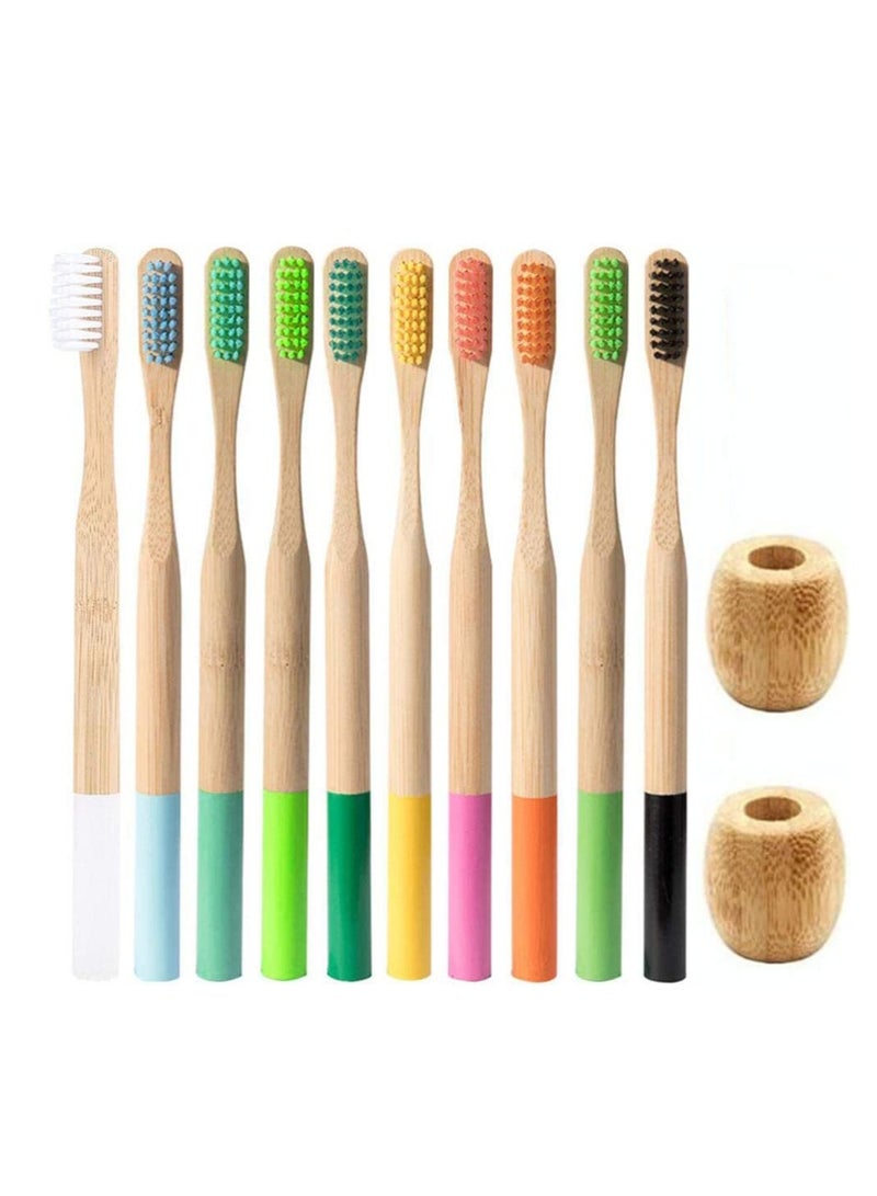 10pcs Bamboo Toothbrushes Set Natural Wood Toothbrushes with 2pcs Toothbrush Holder Stand Soft Toothbrush Biodegradable Brushes for Home