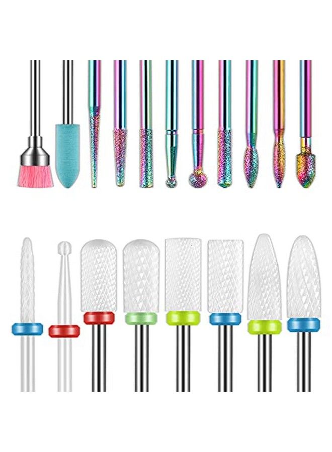 19Pcs Nail Drill Bits Sets 3/32 Inch Diamond Cuticle Electric Nail File And Ceramic Acrylic Gel Nail Bit Kit Acrylic Nail Art Tools Carbide Cuticle Remover Bits For Manicure Pedicure Home Salon