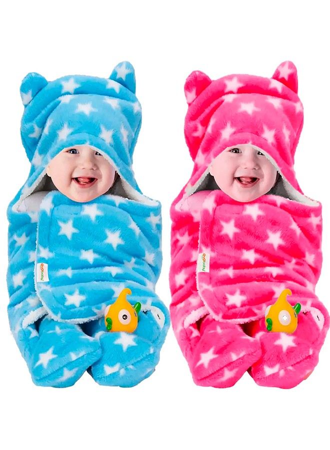 3In1 Hooded Baby Blanket Wrapperpack Of 2 (Star Pink And Blue) Towel For Baby Boy And Girl ; All Season Soft Swaddle ; 06 Months ; Nursing Baby Gifts ; Bath Robe