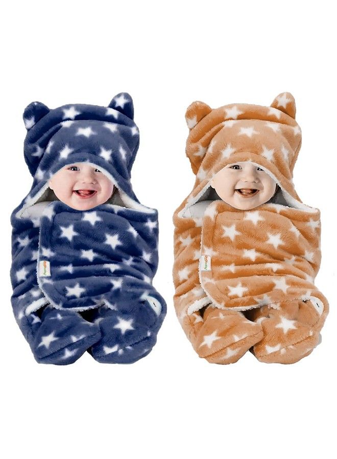 3In1 Fleece Hooded Baby Blanket Wrapper (Star Dark Blue + Beige) Swaddle For New Born ; All Season ; 06 Months ; Sleeping Bag ;Baby Gifts ; Multipurpose Comforter