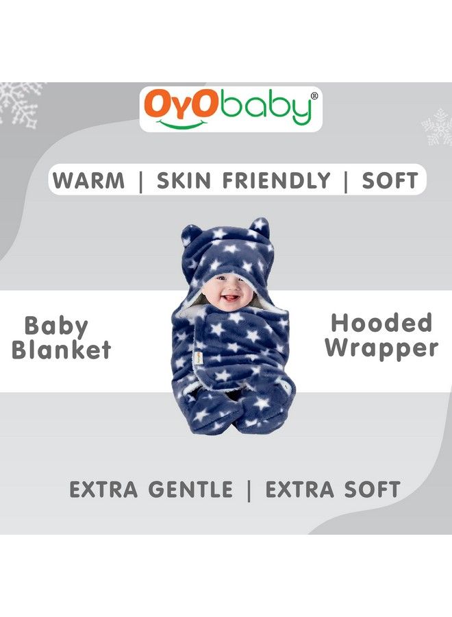 3In1 Fleece Hooded Baby Blanket Wrapper (Star Dark Blue + Beige) Swaddle For New Born ; All Season ; 06 Months ; Sleeping Bag ;Baby Gifts ; Multipurpose Comforter