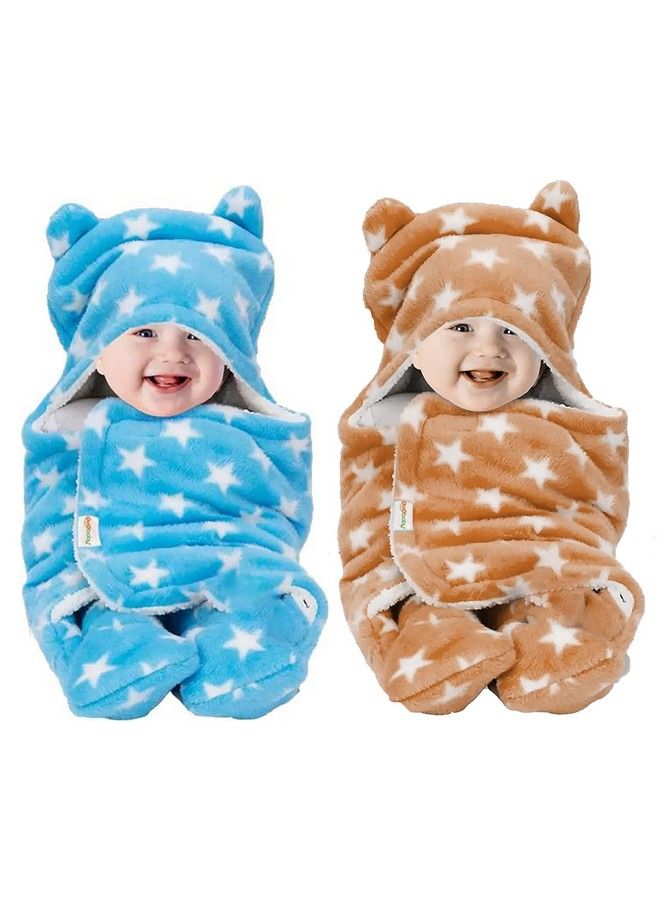 3In1 Hooded Baby Blanket Wrapper Pack Of 2 (Star Beige + Blue) Swaddle For New Born ; All Season ; 06 Months ; Sleeping Bag ; Nursing Baby Gifts ; Bath Robe ; Multipurpose Comforter