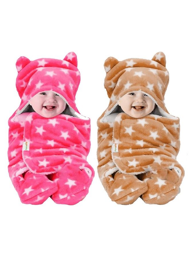Baby Blankets New Born Combo Pack Of Super Soft Baby Wrapper Baby Sleeping Bag For Baby Boys Baby Girls Babies (Star Beige + Star Pink)
