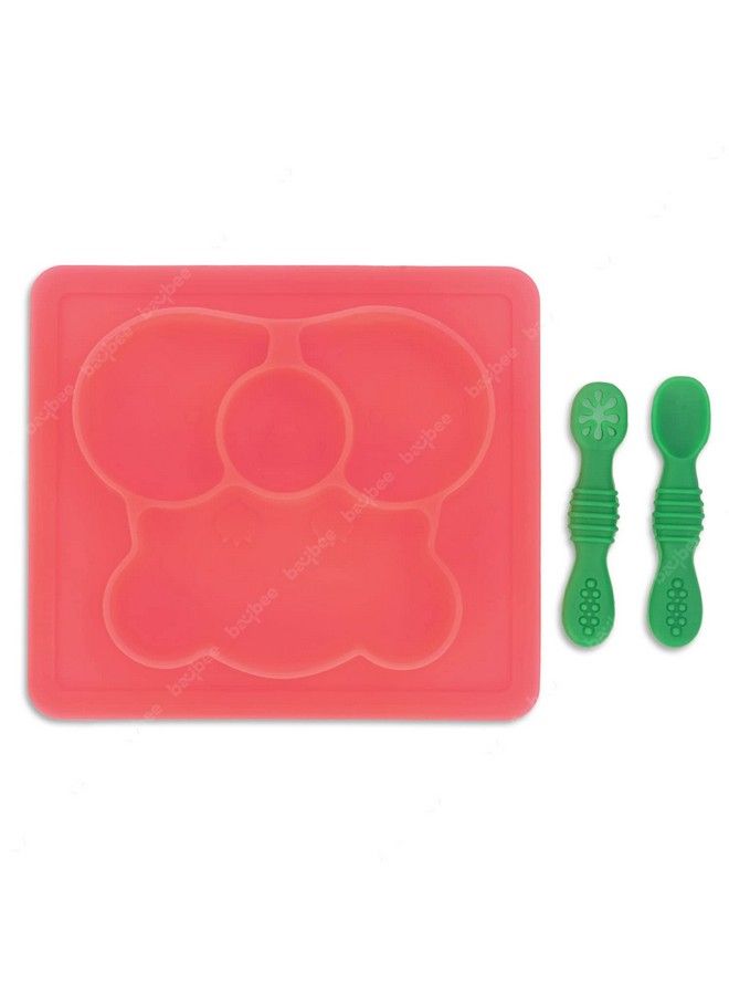 Divided Silicone Plates For Baby With 2 First Stage Training Spoons For Toddlers ; Baby Tableware Feeding Set For Kids ; Baby Plates & Spoon Set For Toddlers Kids Boy Girl (Square Dark Pink)