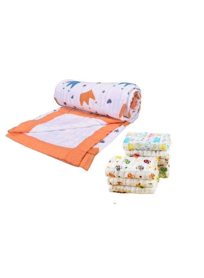 Baby Super Soft Absorbent Muslin 6 Layer Wash Towel 100X100 Cm(03 Years) Orange And Pack Of 5 Napkin