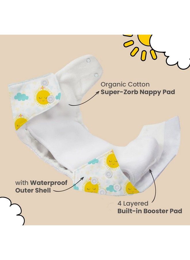 Plant Powered Cloth Diaper For Babiesfree Size ; Medical Grade Fabric With 100% Organic Cotton ; Washable & Adjustable ; 13 Layer Breathable Soaker With Builtin Booster Pad (Sunflower)