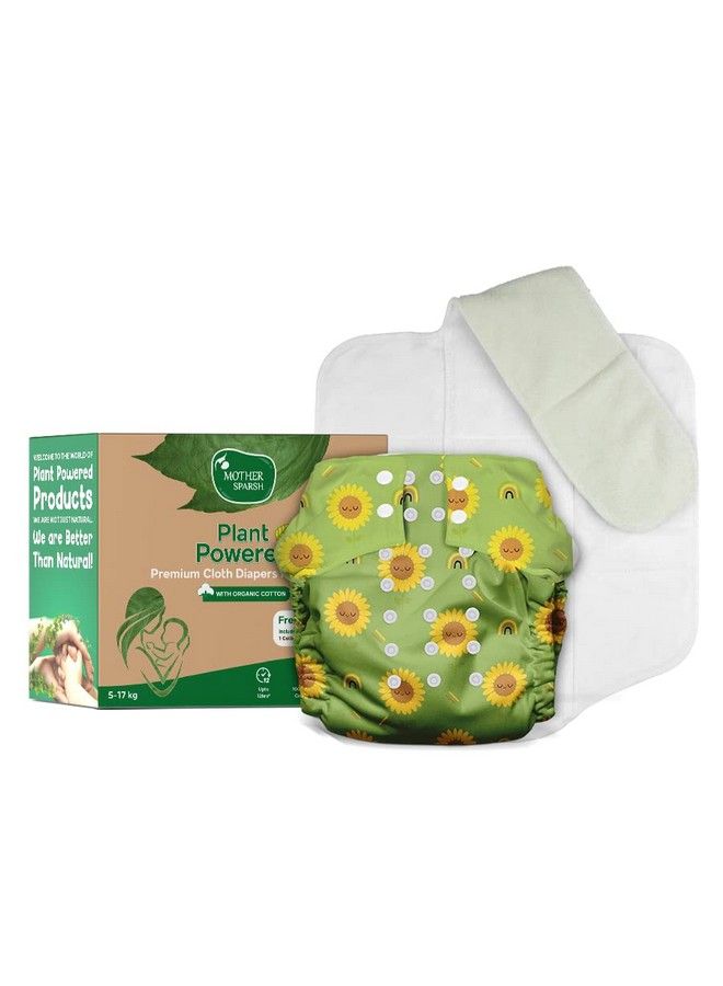 Plant Powered Cloth Diaper For Babiesfree Size ; Medical Grade Fabric With 100% Organic Cotton ; Washable & Adjustable ; 13 Layer Breathable Soaker With Builtin Booster Pad (Sunflower)