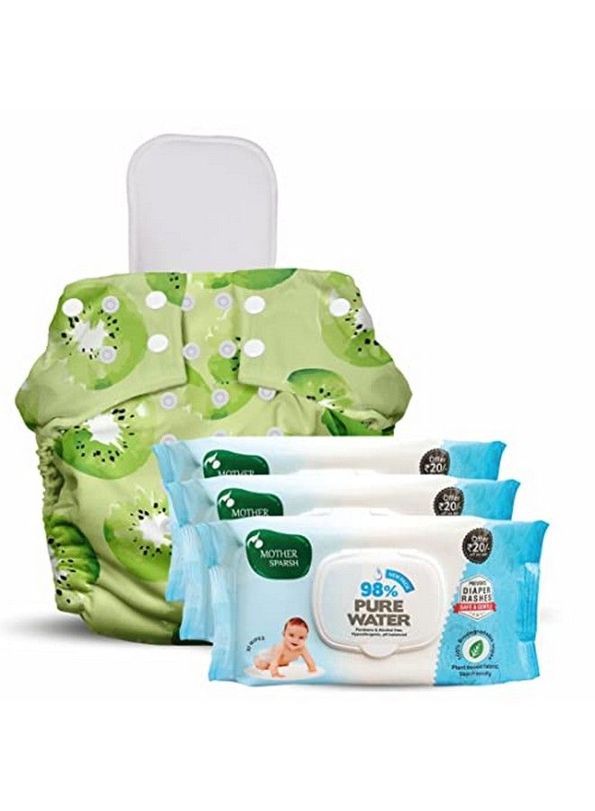 Combo Of 98% Pure Water Based Wipes With Plant Fabric 80 Pcs (Pack Of 3) And Nappers Reusable Cloth Diaper With 1 Dry Absorbent Soaker Pad (Krazy Kiwi))